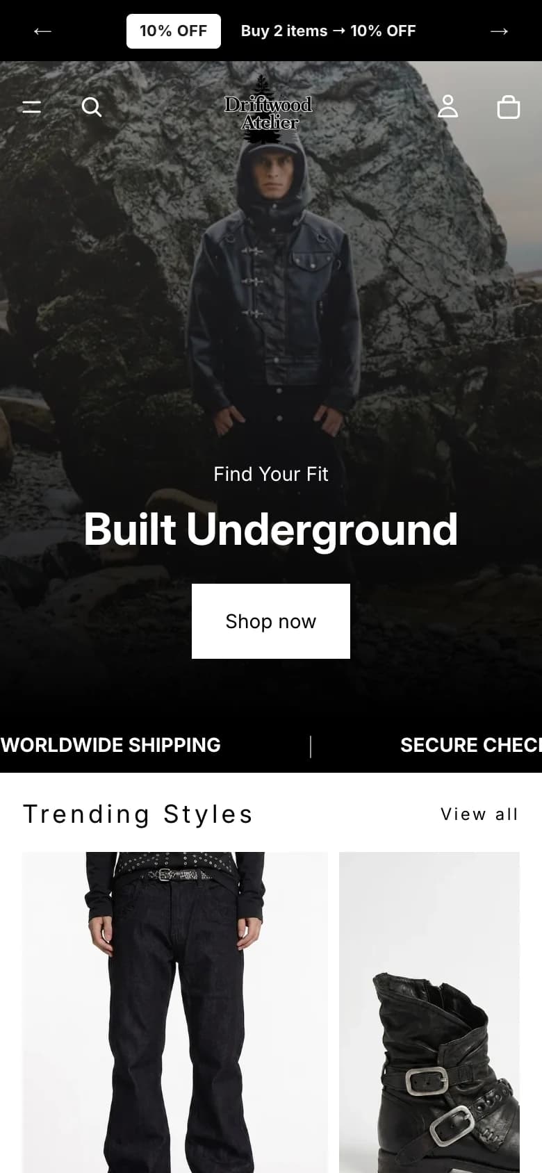 Driftwood Atelier mobile homepage